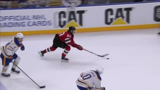 Timo Meier scores a goal against the Buffalo Sabres