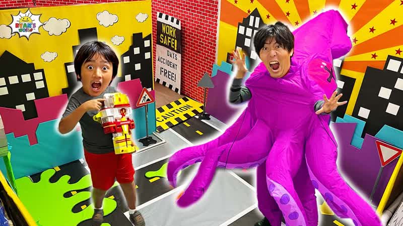 Ryan escape the Giant Octopus in the Box Fort